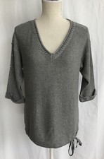 DKNY Gray Silver Sequin V Neck Knit Sweater Drawstring Hem Size S