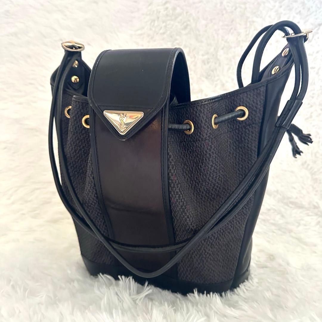 YVES SAINT LAURENT Canvas Leather Shoulder Bag Brown Black Drawstring Tassel thumbnail 19