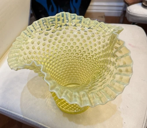Vintage Fenton large  Topaz  vaseline opalescent hobnail vase - nice