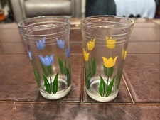 Swanky Swigs Juice Glasses, Yellow Tulips, Blue Tulips 3.75" Tall, Set of 2