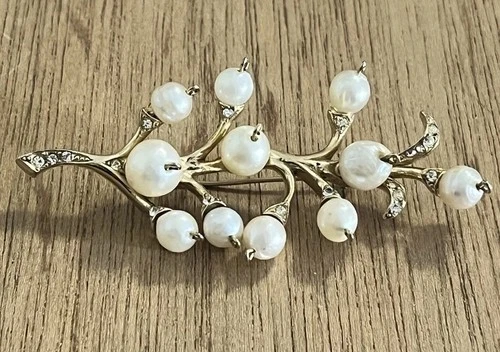 Vintage Gold Tone Branch Brooch Pearls Rhinestones Mid Century Costume Jewelry
