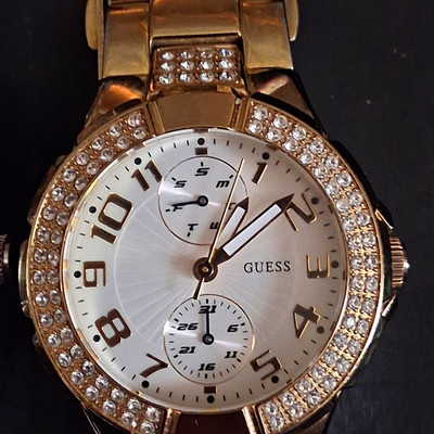 GUESS Women s Gold Tone Crystal Bezel Multi-Dial Quartz Watch White Dial 30m