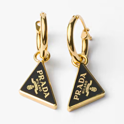 PRADA Triangle Logo Enamel Hoop Dangle Earrings Black/Gold Tone Hinged