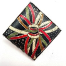 Vintage 90s Enamel Abstract Art Gold Tone Square Brooch Pendant Fashion Jewelry