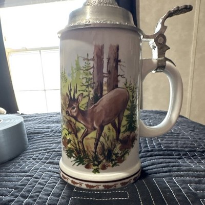 Lichte Fine China German Lidded Stein with Deer Scene Breweriana Made in Germany