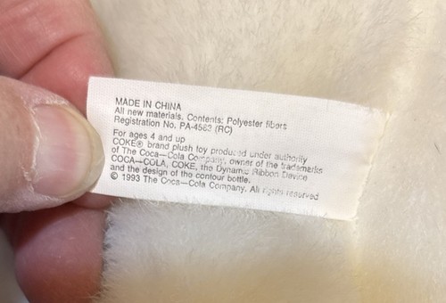 Coca Cola White Polar Teddy Bear Plush 12" Stuffed Animal Toy, Vintage 1993, - Picture 4 of 7