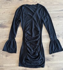 Vintage Express Women’s Dress Black Knit Bell Sleeve Rouched Size Small S Y2K