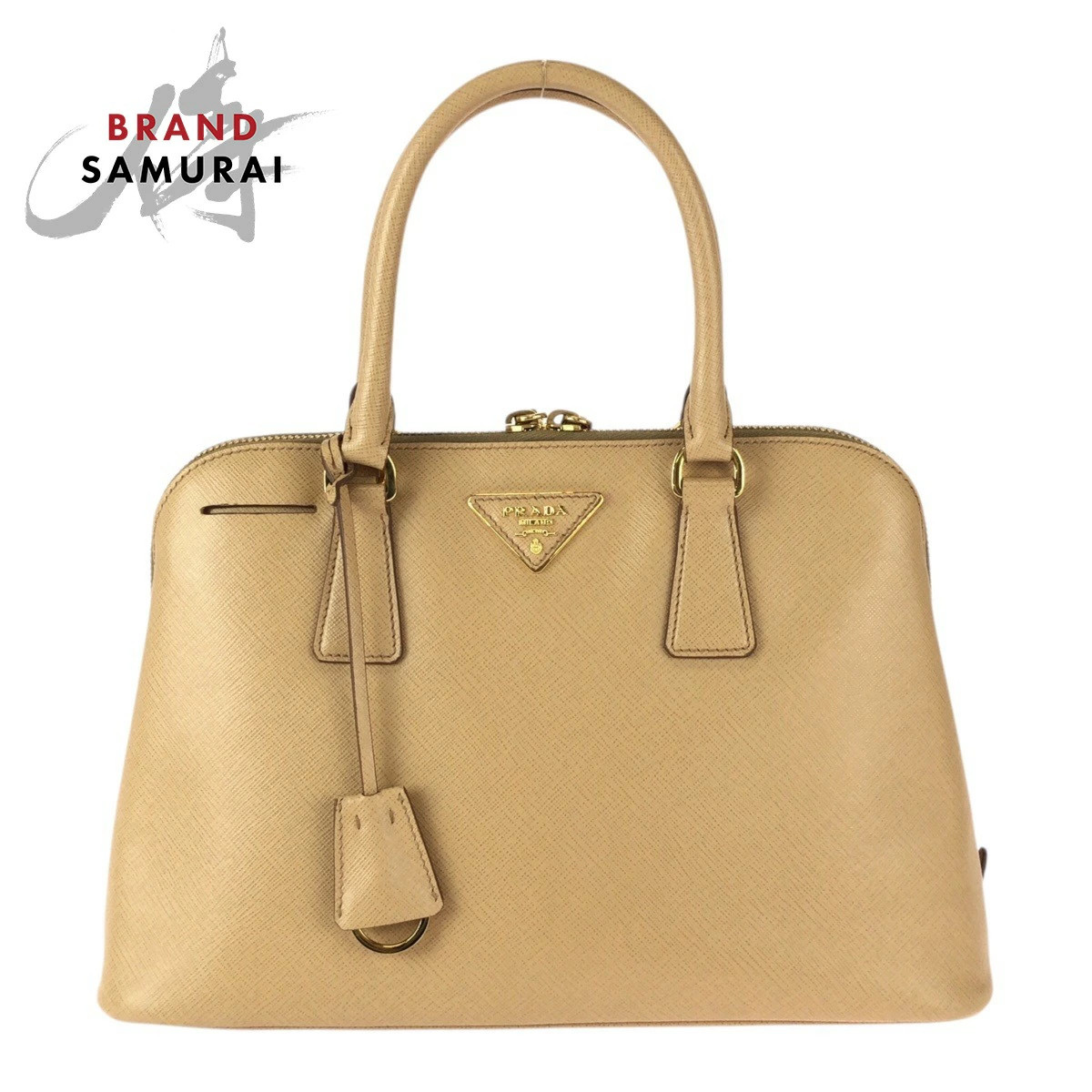 Prada Saffiano Triangle Logo Plate Beige Gold Hardware Leather Tote Bag Handbag