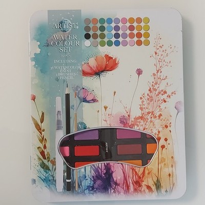 Artist WASSERFARBEN SET 36 Farben + 2 Pinsel 1 Bleistift In Blechbox Aquarell