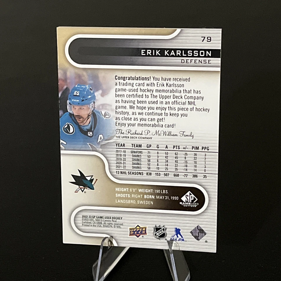 2022-23 Upper Deck SP Game Used - Erik Karlsson #79 Gold 1/25 (MEM) - Image 2 of 3