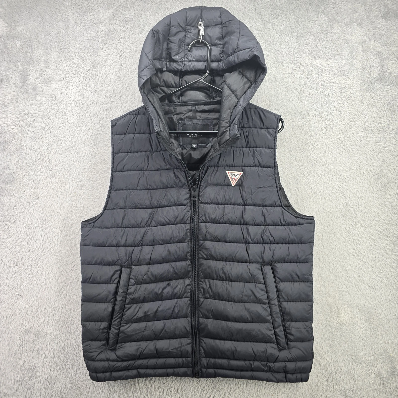Guess Hooded Vest Mens XL Black Puffer Vest Hooded Insulated Full Zip 119RN070