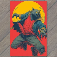 POSTCARD Werewolf Leaping Torn Clothes Red Moonlight Fierce Yellow Eyes Horror