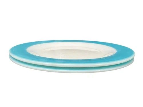 Set of 2 Vtg PYREX BLUE BAND Milk Glass DINNER PLATE 10" Turquoise Aqua Rim USA