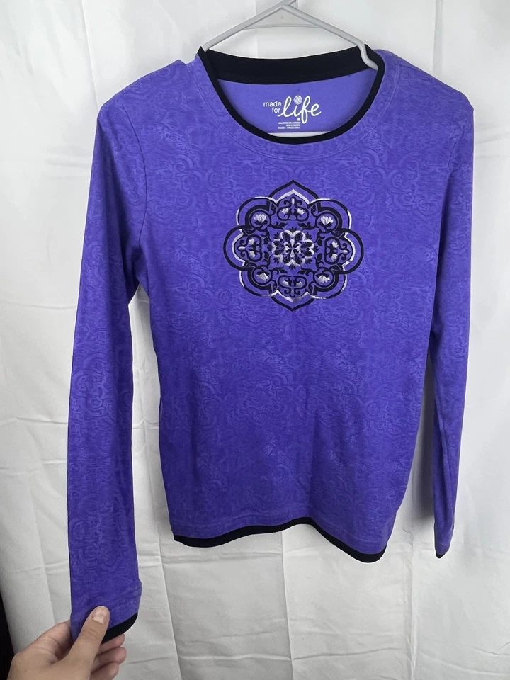 Y2K Medallion Geo Long Sleeve Shirt Purple Black Silver Goth Emo Top Women's M - Image 2 of 4