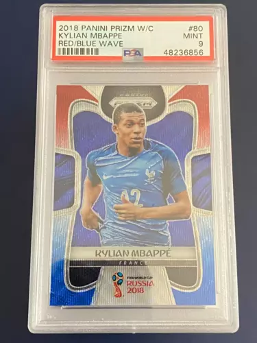 2018 PANINI PRIZM Kylian Mbappe #80 Red/Blue Wave Prizm France Rookie RC PSA 9