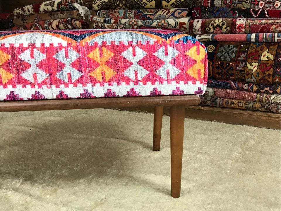 Handmade Kilim Upholstered Ottoman Footstool Piano Entryway Bedroom Bench - Image 4 of 4