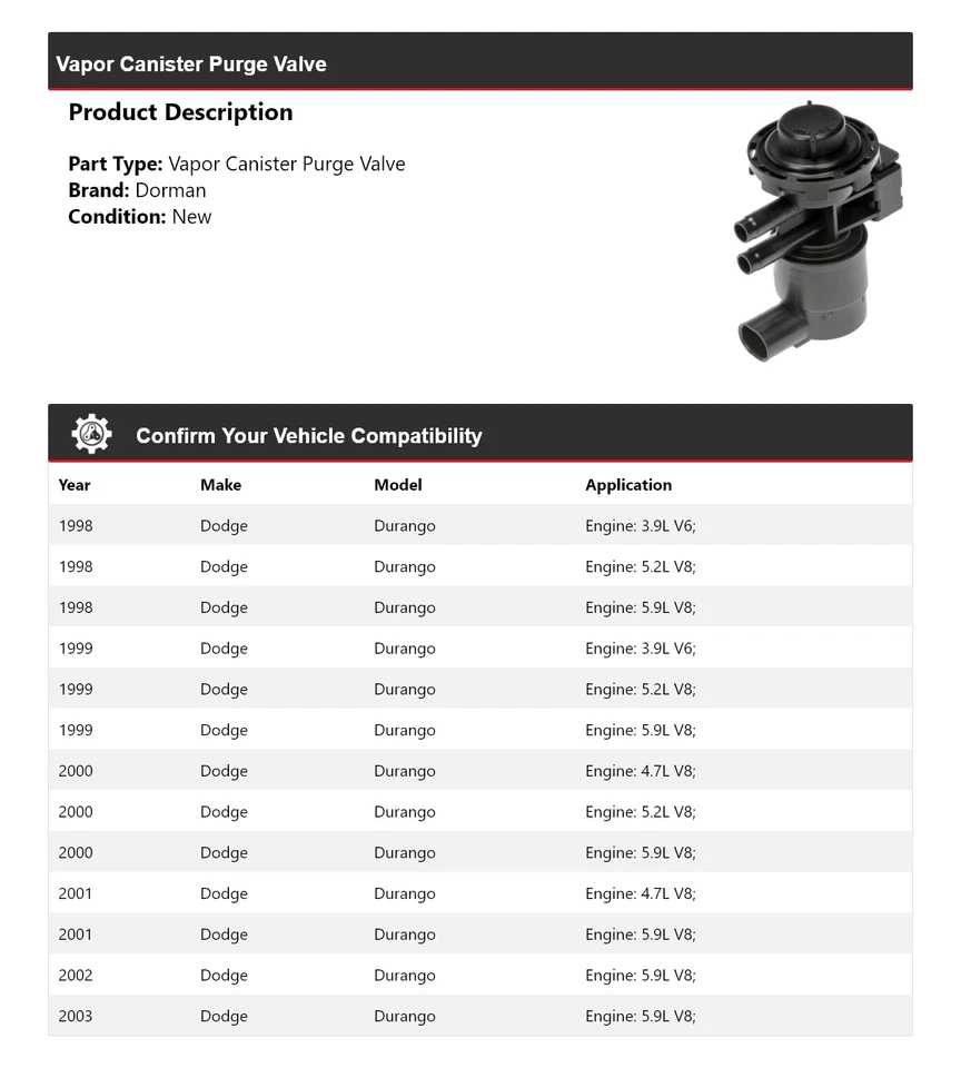 Válvula de purga de bote de vapor Dodge Durango Dorman 1998-2003 1999 2000 2001 Foto 2 de 4