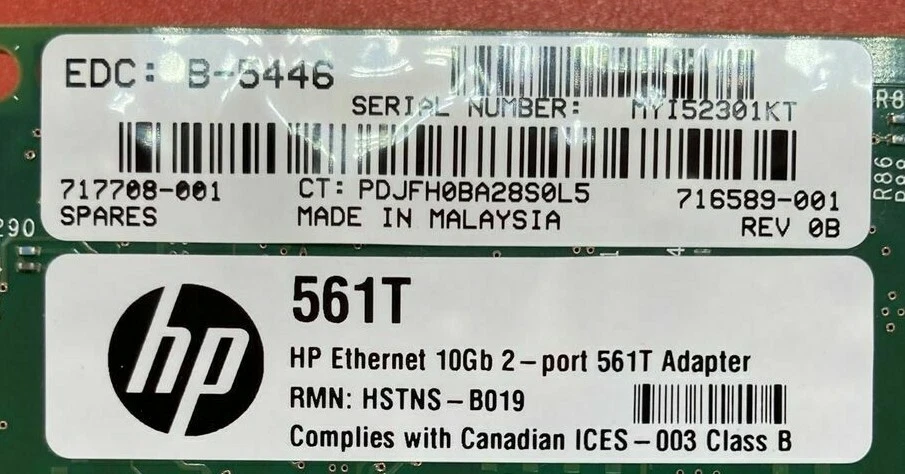HP 561T 10Gb Dual-Port Ethernet Network 10GBASE-T Adapter 717708-001 716591-B21 - Image 3 of 3