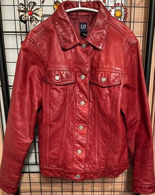 OLD GAP 90s Vintage Leather Trucker Jacket Real Leather Red Blouson Men M