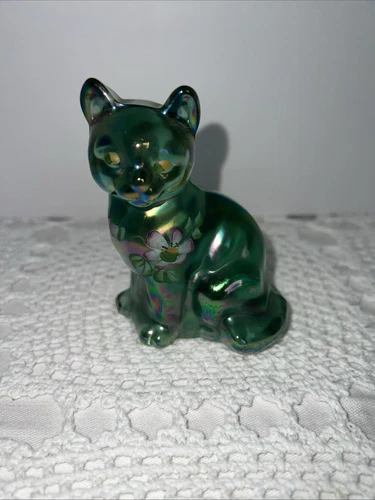 Fenton Iridescent Green Blue Cat Flowers Hand Painted Figurine Art Glass Signed