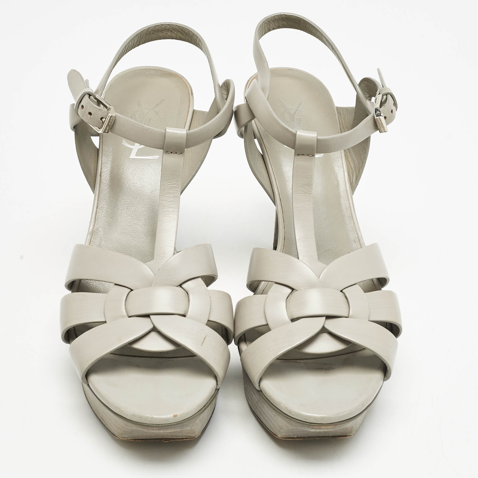 Sandali Saint Laurent grigio chiaro in pelle con plateau omaggio taglia 37 5