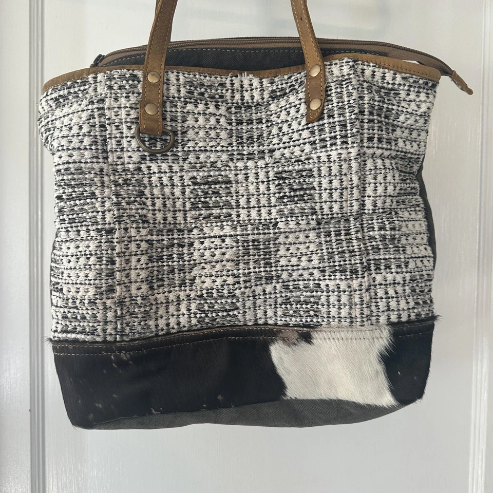 Myra Bag Tote Womens Large Black White Western Leather Cowhide Purse Boho - Image 2 of 4