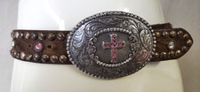 NOCONA M Belt Crystal Pink Cross Buckle Brown Leather Stud Jewel Breast Cancer