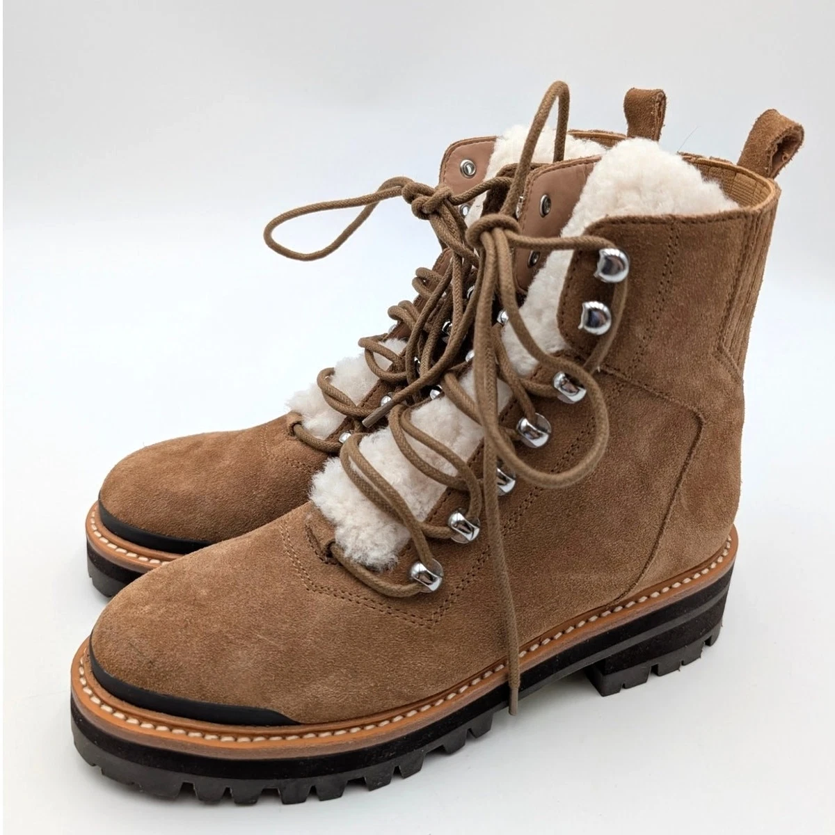 Marc Fisher LTD Izzie Suede Hiker Boots Tan Shearling Trim Lug Sole Mens 8.5M Marc Fisher Round Toe Suede Boots for Women for sale | eBay main image 3