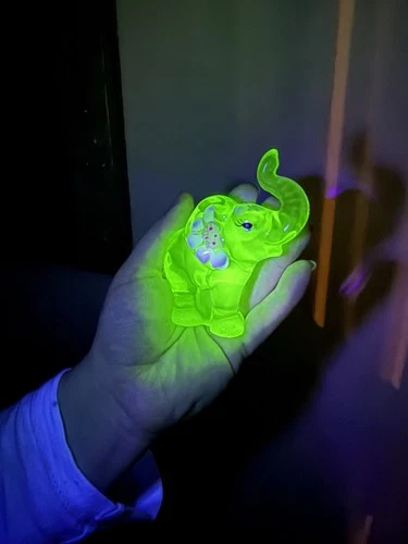 Fenton Glass Elephant Signed S. Hughes Hand Painted UV Glow