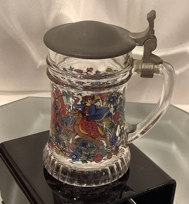 Vtg BMF Rein Zinn Schnapskrugerl Miniature Glass Beer Stein Mug Pewter Lid