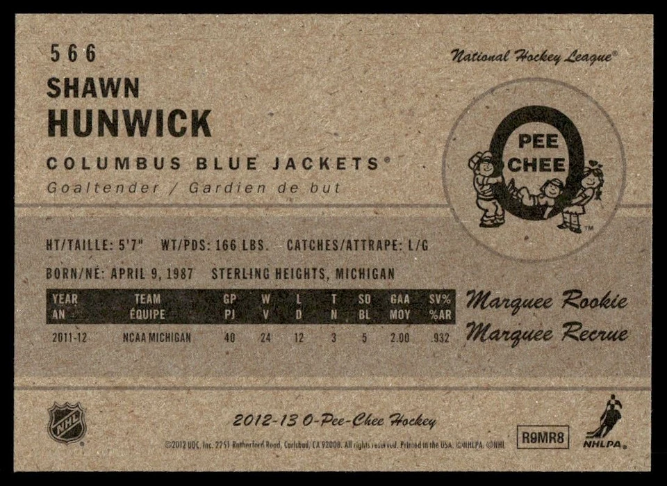 2012-13 O-Pee-Chee Retro MARQUEE ROOKIE Shawn Hunwick Columbus Blue Jackets #566 - Image 2 of 2