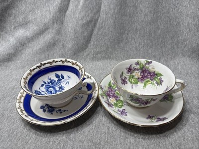 Set 4 Adderley Fine Bone China Violets & Tuscan Violet 2 Cup & 2 Saucer