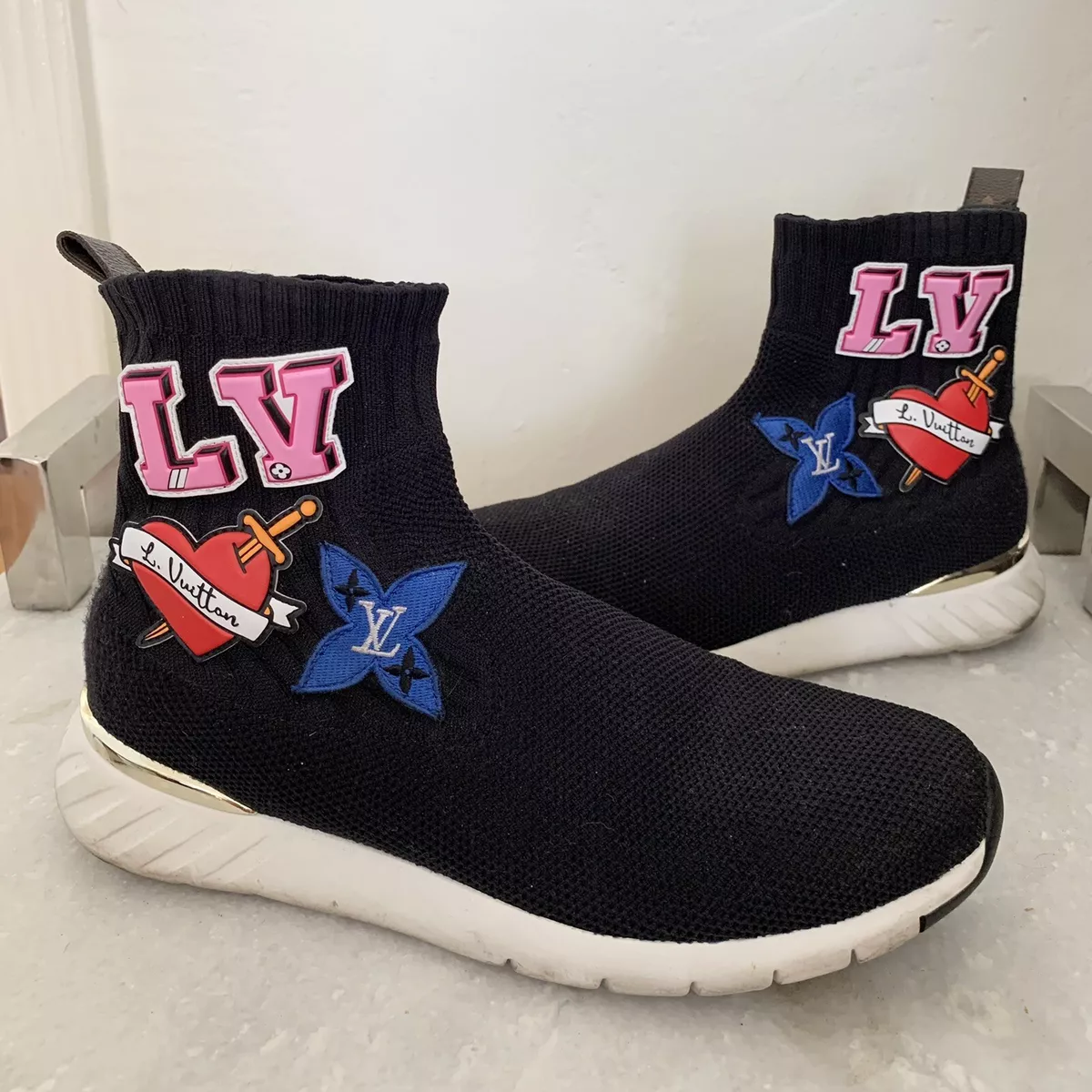 Louis Vuitton LV Logo Monogram Stretch Fabric Black Heart Knit Sock  Sneakers 38