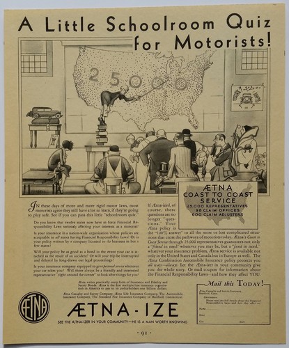 Aetna Insurance         1931 Advertisement        Cartoon art by Charles Forbell - Imagen 1 de 3