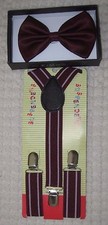 Kids Girls Boys Burgundy Adj Bow Tie Burgundy White Stripes Adj Suspenders