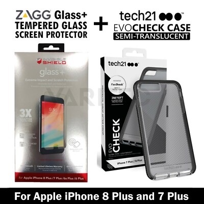 Tech21 Gel Back Case Cover + Zagg Glas Displayschutzfolie für iPhone 8 Plus 7+ 6+
