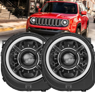 Paar Halo LED Scheinwerfer Hi/Low Beam für Jeep Renegade 2015 2016 2017-2021