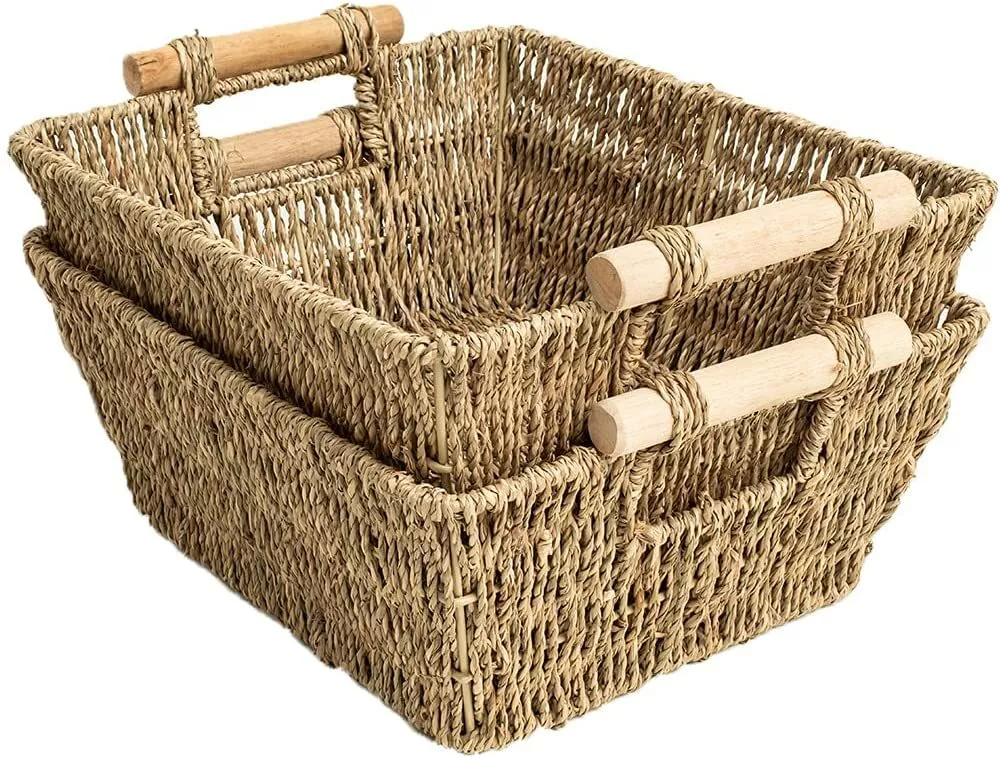 Wicker Storage Baskets, 2-Pack, Seagrass Shelf Baskets for