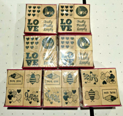 LOT OF 7 Red & Pink Wooden Block Stamp Sets Valentine's Day LOVE HEARTS