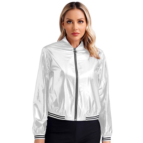 UK Women Metallic Zip Long Sleeve Jacket Shiny Baseball Collar Jacket Outerwear - Picture 21 of 37