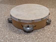 Vintage tambourine instrument wooden wood 5.5" diameter metal jingles