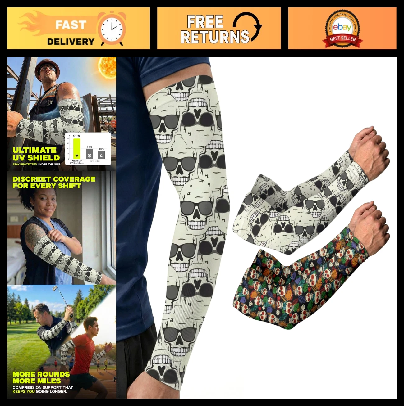 UV Protection Cooling Compression Arm Sleeves for Men & Women - Tattoo Cover Up