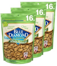 Blue Diamond Almonds Whole Natural Raw Snack Nuts, 16 Oz Resealable Bags Pac...