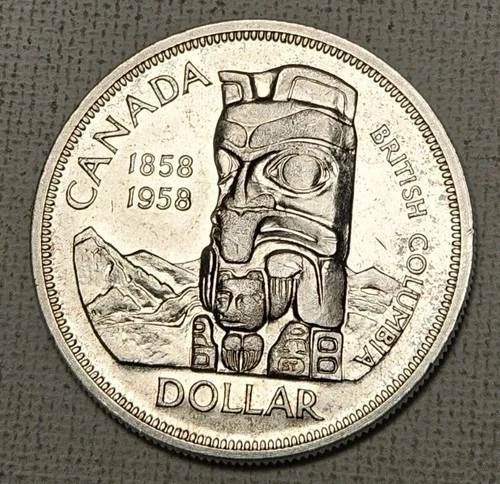 1958 Canada 80% Silver Dollar British Columbia Totem Death Dollar BU ASW .6 OZ