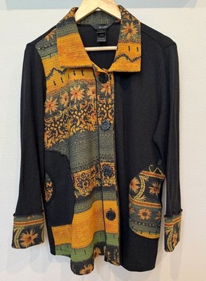 Ali Miles Button Up Sunflower Tunic Blouse Large Long Sleeves Artsy Lagenlook