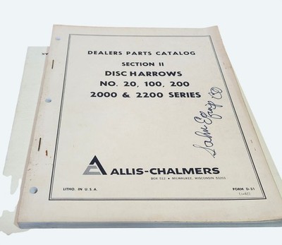 1967 Allis-Chalmers Parts Catalog Section II Disc Harrows 20 100 200 2000 & 2200