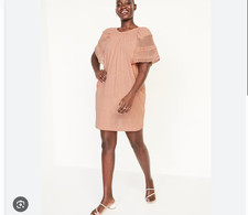 Old Navy Dress Womens L Dusty Pink Short Sleeve Oversized Pocket Crochet Sleeves