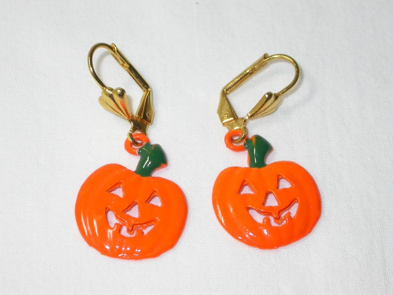 🦇 Vintage Halloween Spooky Jack O Lantern Pumpkin Enamel Earrings Pierced 🎃