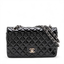 Chanel Matelasse 25 Patent Leather Double Flap Double Chain Bag Black Silver Met