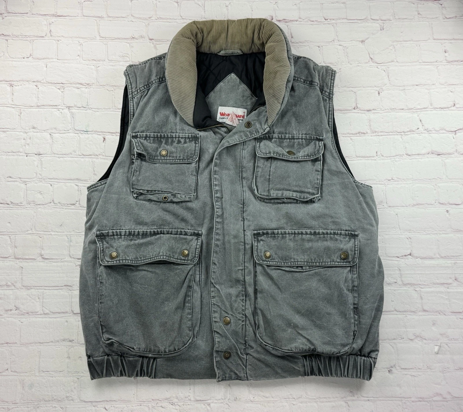 Vtg Wear Guard Sunwashed Canvas Utility Cargo Vest Mens L Hiking Fishing Pockets